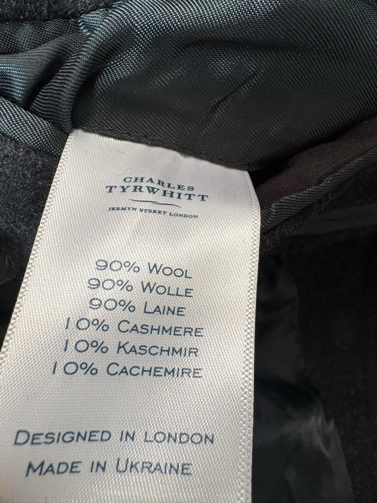 Charles Tyrwhitt Coat Mens 44R Black Wool Cashmere Mid Length Overcoat Lined - product detail image 5