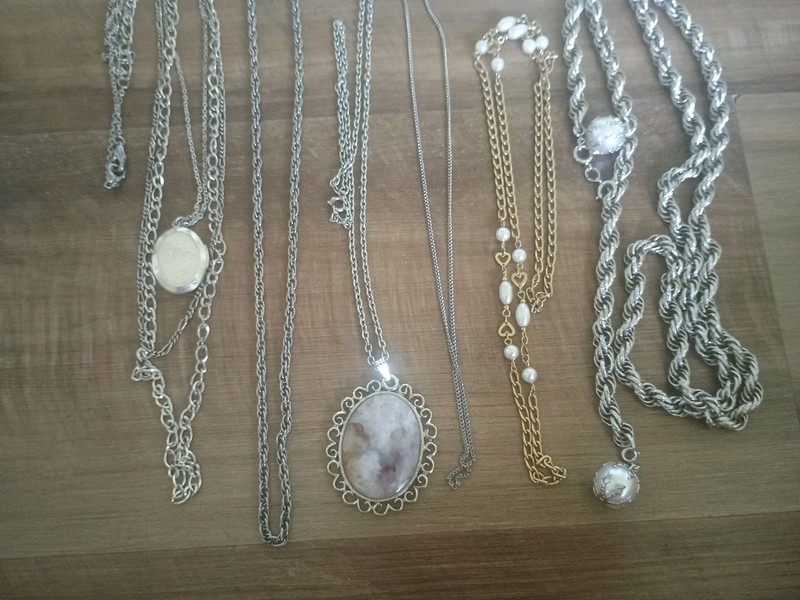 Vintage Mixed Chain Necklace Lot Silver Tone Locket Faux Agate X6