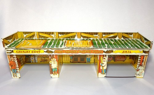 1950's Ideal ROYAL CANADIAN MOUNTED POLICE Tin LITHO Cavalry Jail Fort Toy--NICE