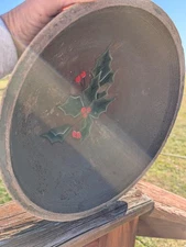 Antique Vintage Wood Bowl w/Christmas Painted Holly Leaves 13 1/2" W  x 4 1/2 D