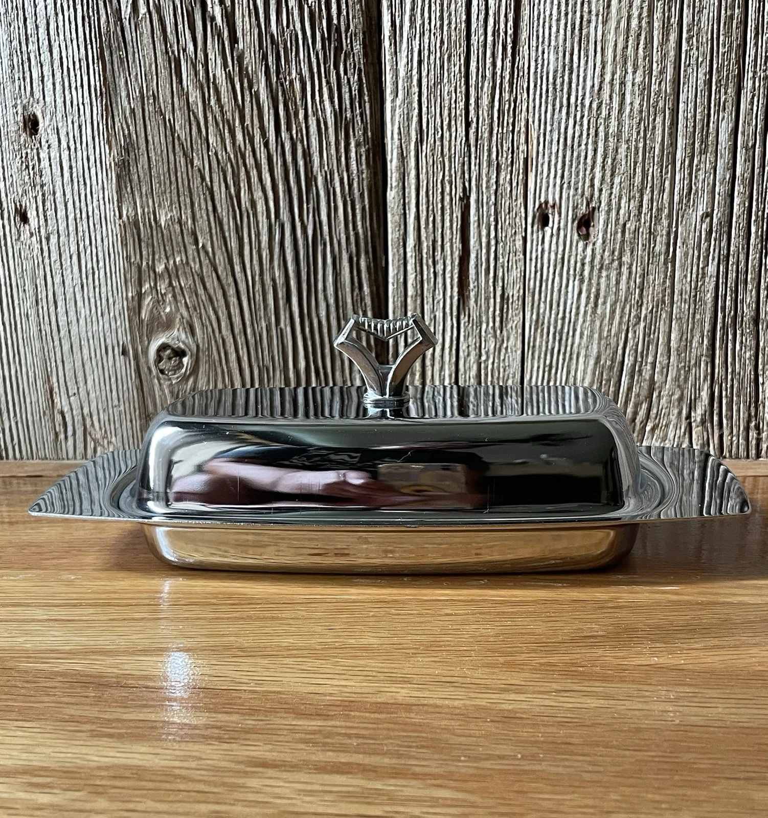 Vintage 1950's Kromex Chrome Plated Butter Tray & Lid with Glass Dish Insert