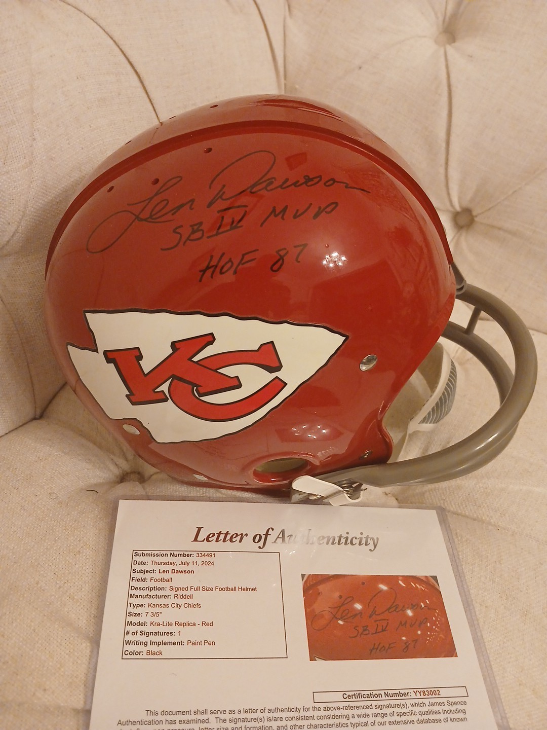 Len Dawson Autographed Signed Kansas City Chiefs Full Size RK Kra-lite Helmet - JSA Auth Letter 