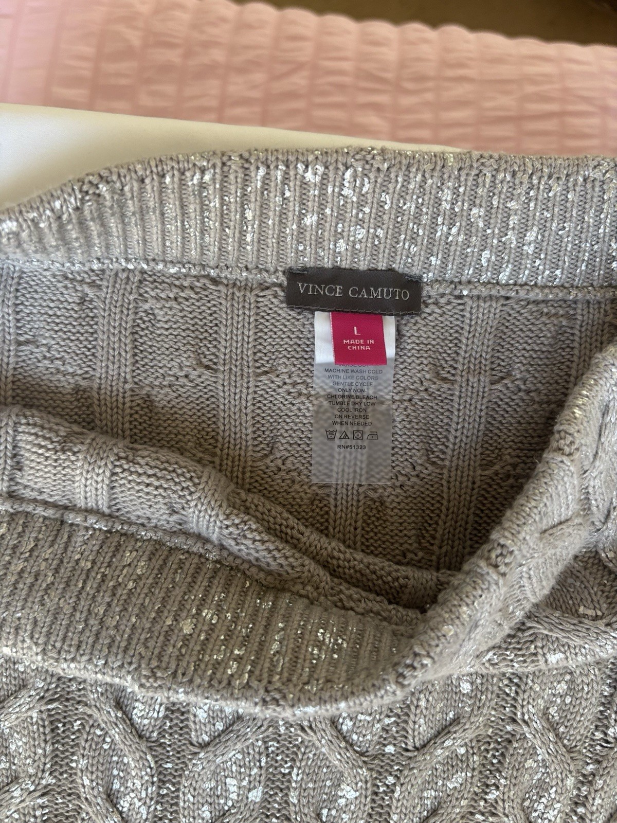 Vince Camuto Metallic Cable-Knit Pullover Sweater Beige L XL Long Sleeve image 8