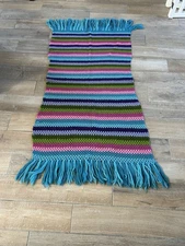 Vintage Handmade Crocheted Afghan Lap Blanket Vibrant Stripes Fringe-Needs Block