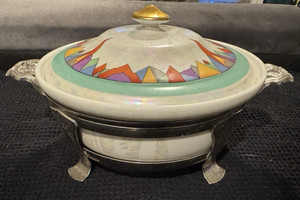 Hall China Forman Bros. Luster Glaze Covered Casserole Dish w Silver Plate Stand