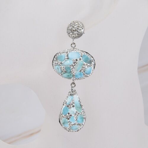 Aretes colgantes larimar azul color plata estrás circonita cúbica pavé lágrima ovalada - Imagen 2 de 6