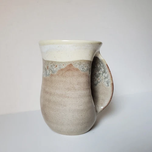Neher Art Pottery Hand Warmer Mug Right Hand Neutral Tan Drip Glaze Signed 2013