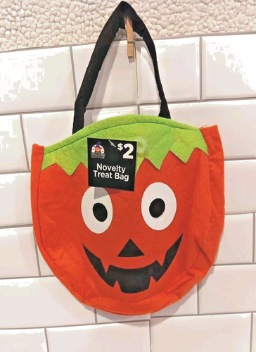 NEW Halloween Orange Pumpkin Party Fabric Novelty Treat Bag 9X9X1.5 w/Handle