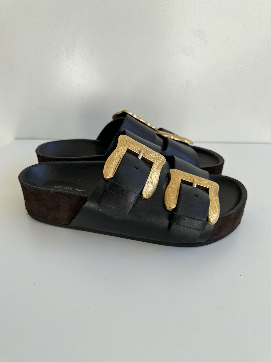Celine Western Buckle Slides Boxy Wide Band Sandals 38 Celine Western Buckle Slides Boxy Wide Band Sandals 38