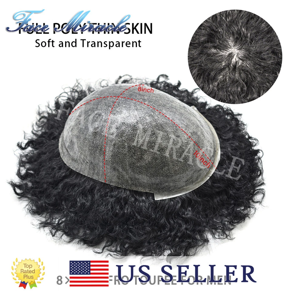 Peluca Afro Kinky Rizado Toupee para Hombres Negros Peluca Sistema de Cabello Humano Poli Completo Foto 2 de 4