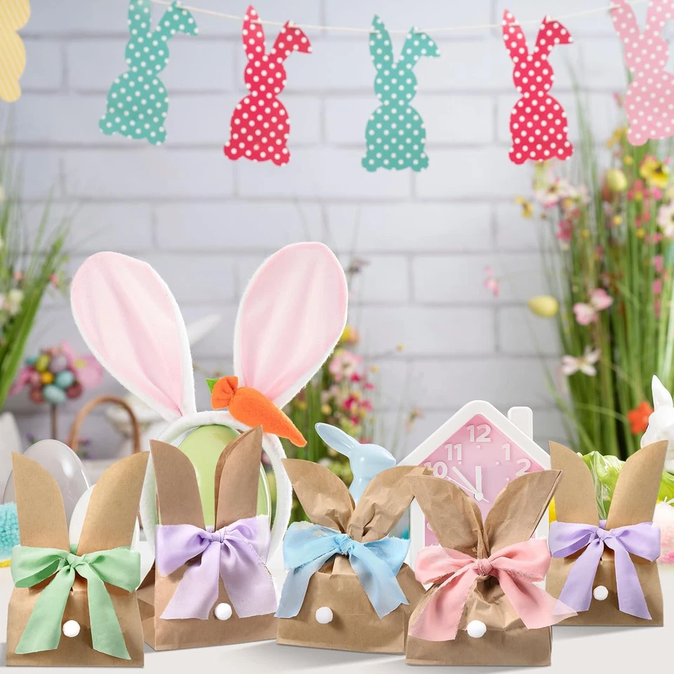 Juego de 36 bolsas de regalo para conejitos, bolsas de golosinas de cumpleaños para conejitos lindo caramelo marrón Kraf Foto 4 de 4