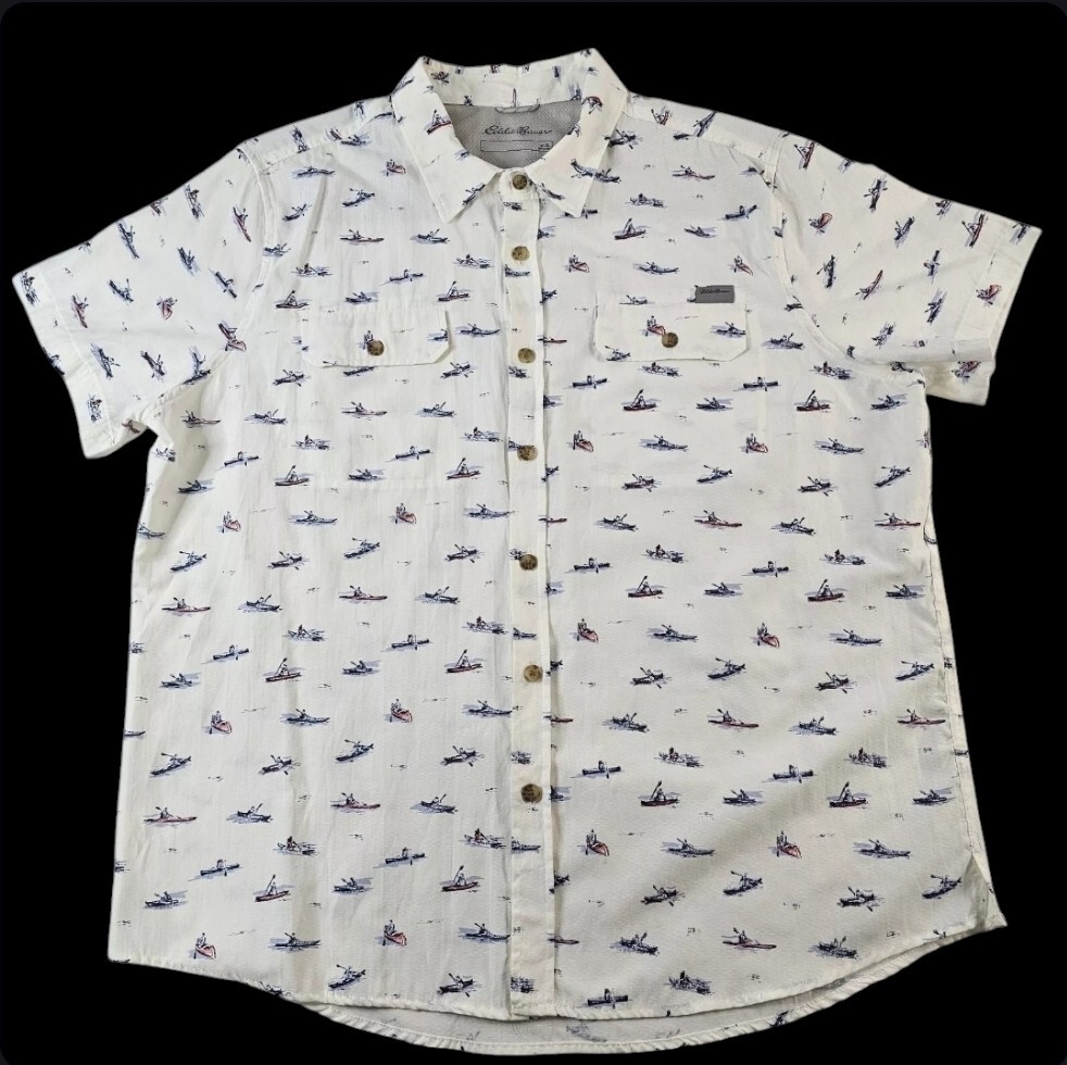 FILA Camicia uomo Eddie Bauer XL bianca con bottoni manica corta canoa vogatore stampa