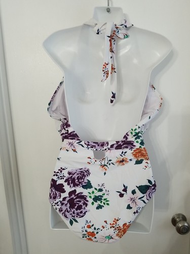 Cupshe one piece swimsuit/Bathingsuit White Purple Orange Floral Deep V Sz L NWT - Picture 3 of 5