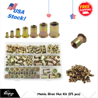 Flat Head Metric Rivet Nut Set   175Pcs Zinc-Plated Carbon Steel M3-M10