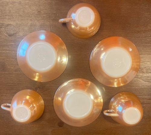 3 Vintage Fire King Peach Luster Teacups and Saucers Orange Fire-King Oven Ware - Picture 4 of 8