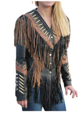 Cowhide Western Leather Jacket Women Native American Cowgirl Fringe Jacket