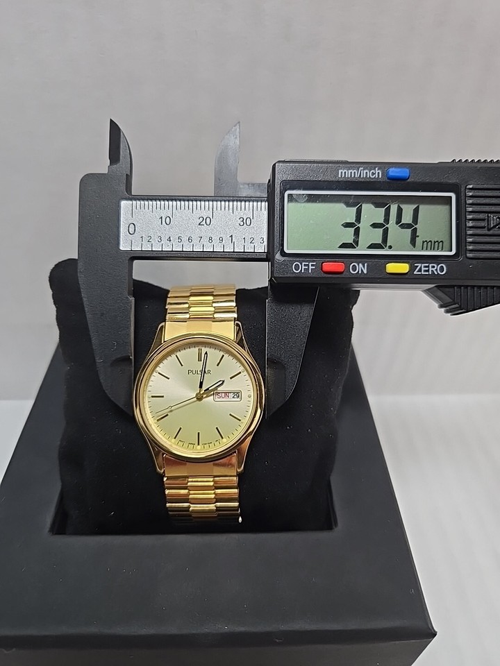 Mens Vintage Pulsar Gold Tone Day Date Watch Stretch Band V7337A30 New