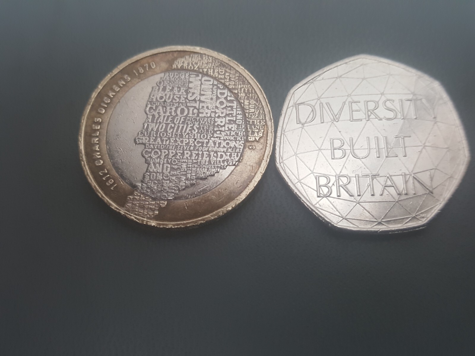 2012 Charles Dickens 1812-1870 £2 coin, circulated plus 2020 50p