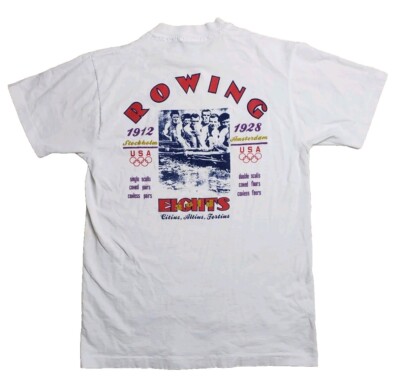 Vintage USA Olympic JC Penny Mens Small/Med White Rowing Eights Gold T Shirt USA
