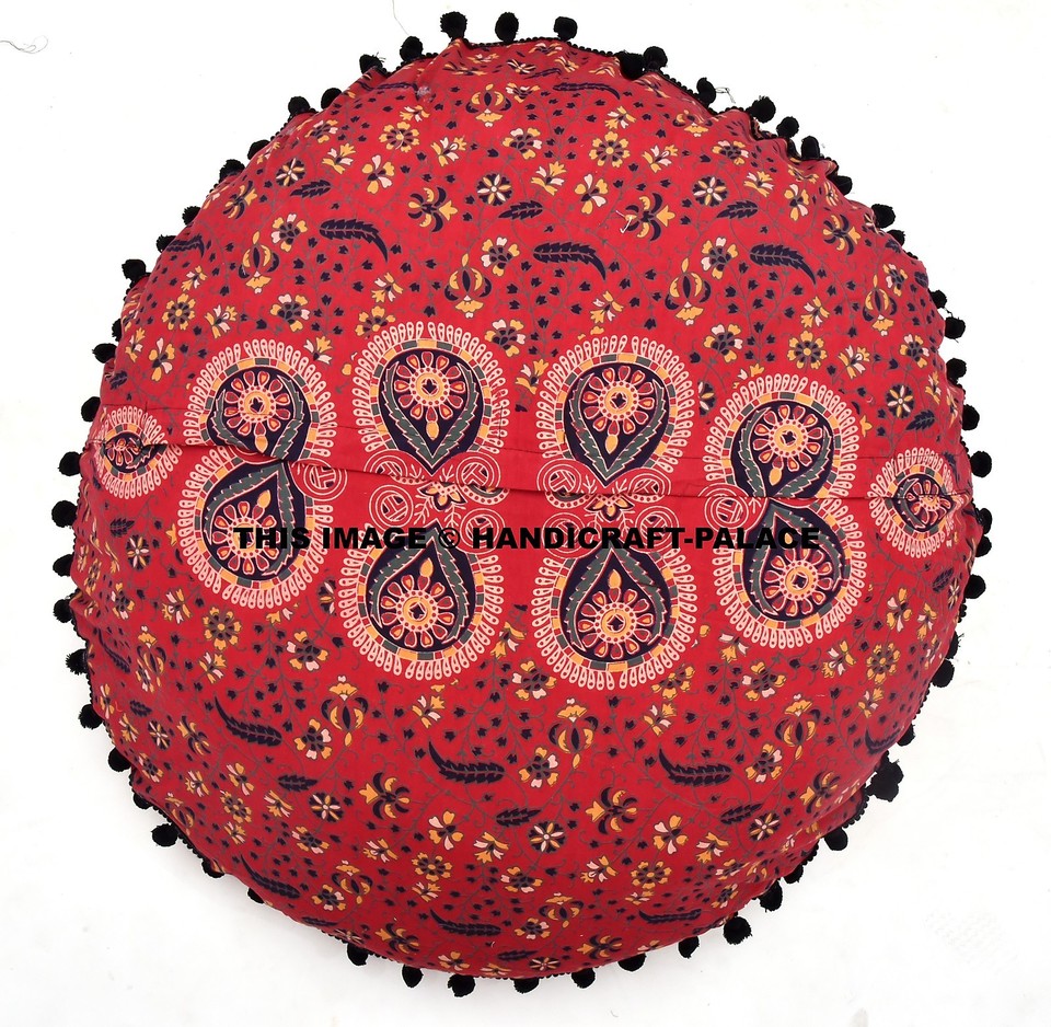 32" Astrology Floor Pillow Cover – Hippie Style With Moon & Stars, Cotton, Zipper, Pom Pom