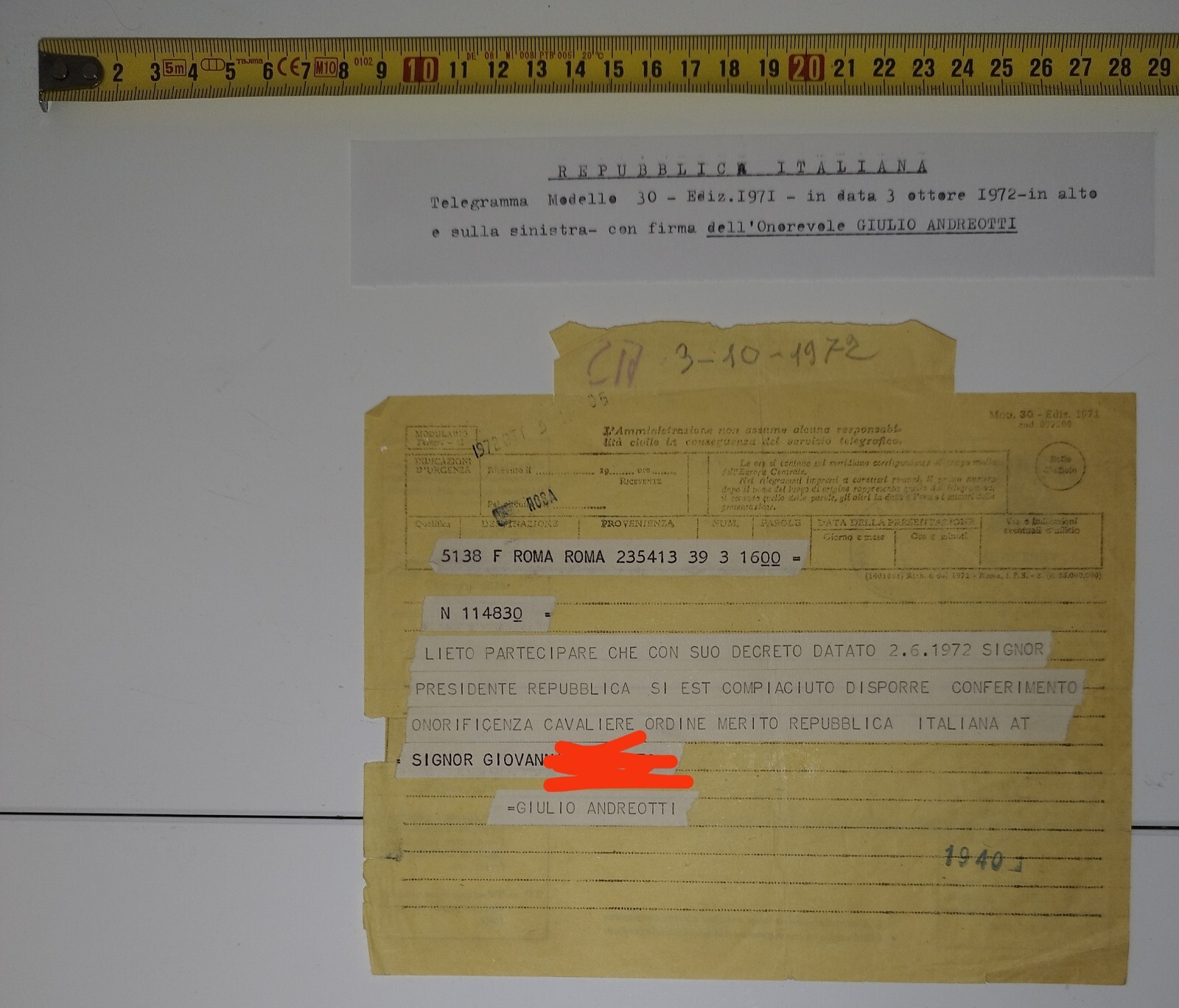 Telegramma anno 1972 firmato Giulio Andreotti