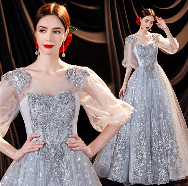 Trendy Grey Floral Embroidery Short Sleeve Tulle Evening Dresses Homecoming Gow Trendy Grey Floral Embroidery Short Sleeve Tulle Evening Dresses Homecoming Gow