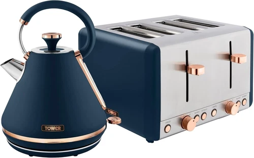 TOWER Cavaletto Pyramid Kettle  & 4 Slice Toaster Set Midnight Blue & Rose Gold