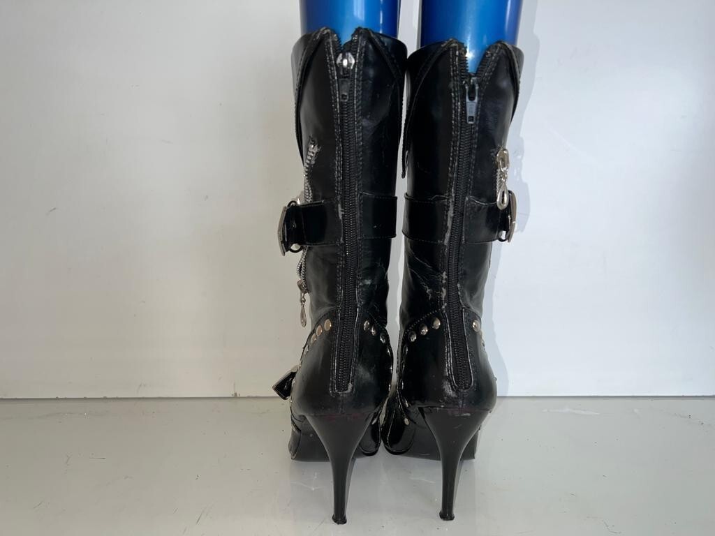 LADIES WOMEN'S STUDDED BLACK FAUX LEATHER MIDCALF ZIP UP BOOTS UK SIZE