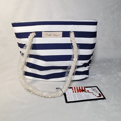 Porto Vino Beach Wine Bag Canvas Blue/White Stripes Holds 2 Bottles Of Wine NWT