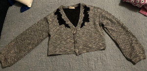 Girls Joyfolie cropped Cardigan 14 black and white with black lacy cutouts