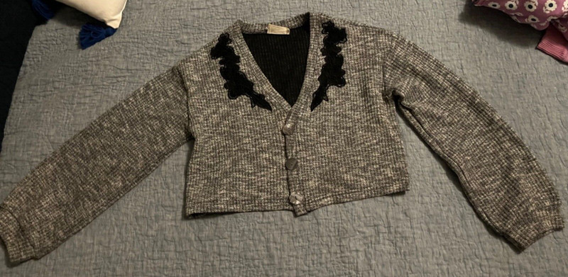Girls Joyfolie cropped Cardigan 14 black and white with black lacy cutouts