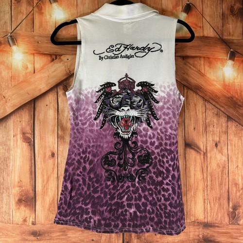 ED HARDY Christian Audigier Tank Top Women's M Purple Tiger Graphic Bedazzled - Picture 4 of 7