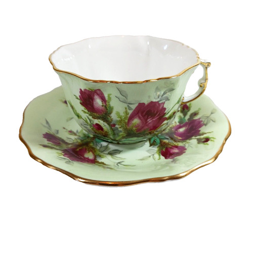Hammersley Spode Tea cup and saucer Light green with Red Roses Bone China