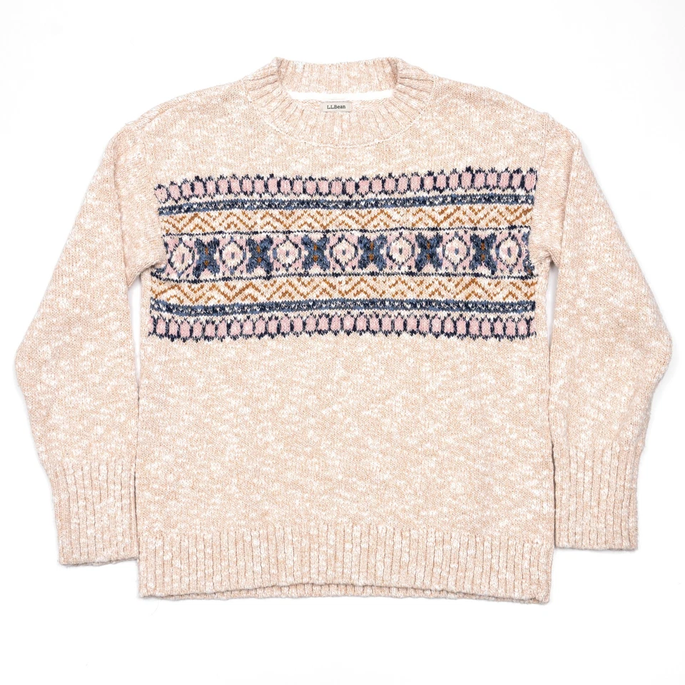 Suéter tejido grueso cuello redondo LL Bean para mujer Fair Isle copo de nieve mediano