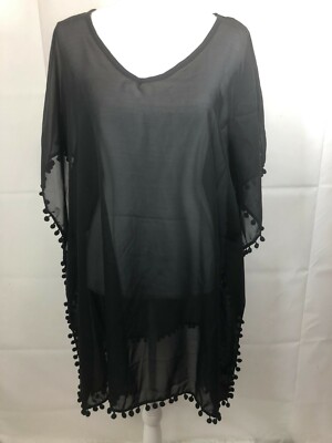 West Loop Women's Ivory Swimsuit Cover Up Sheer Pull Over Trim W/ Pom-Poms OSFM