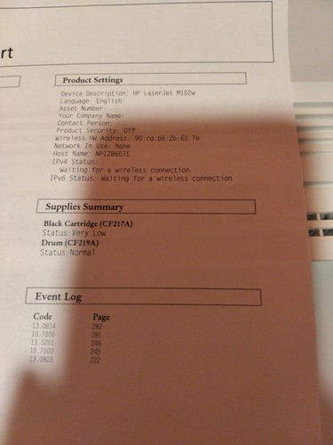 HP LaserJet Pro M102w Wireless Laser Printer (G3Q35A) Needs Ink Low Page Count - Picture 9 of 17