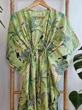 Indian Green Animal Printed Cotton Hippie Maxi Women Nightwear Caftan Dress