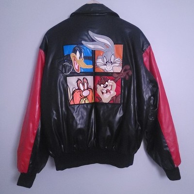 Vintage Looney Tunes Embroidered Faux Leather Bomber Jacket Black Red Medium 