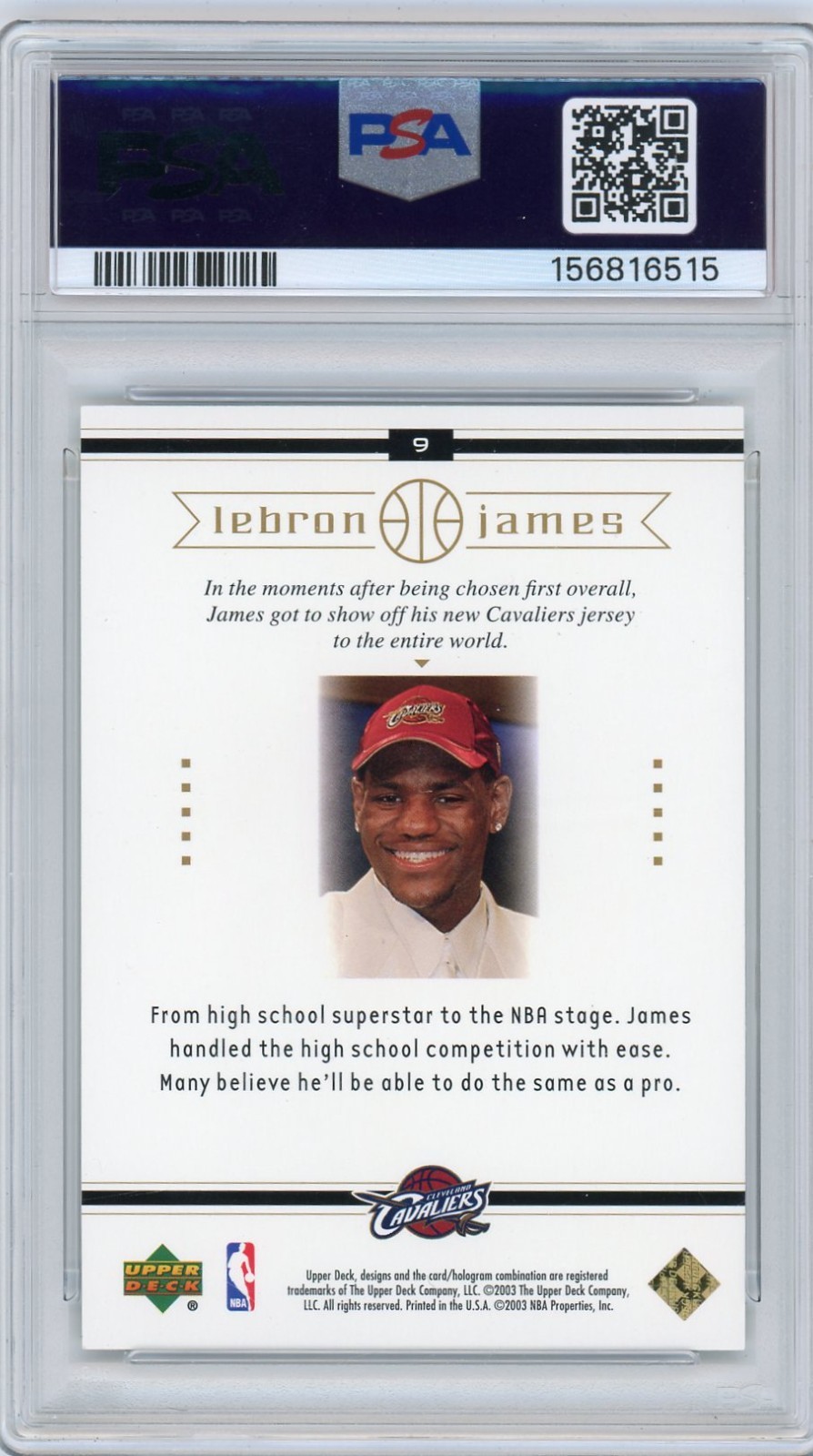 2003 UPPER DECK LEBRON JAMES BOX SET LEBRON JAMES #9 PSA 9 view 2