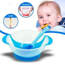Toddler Baby Silicone Feeding Bowl with Suction and Lid with Two Soft Tip Spoons
