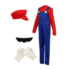 Super Mario Boy Role Play Jumpsuit with Hat Beard and Gloves Costume Party Anime