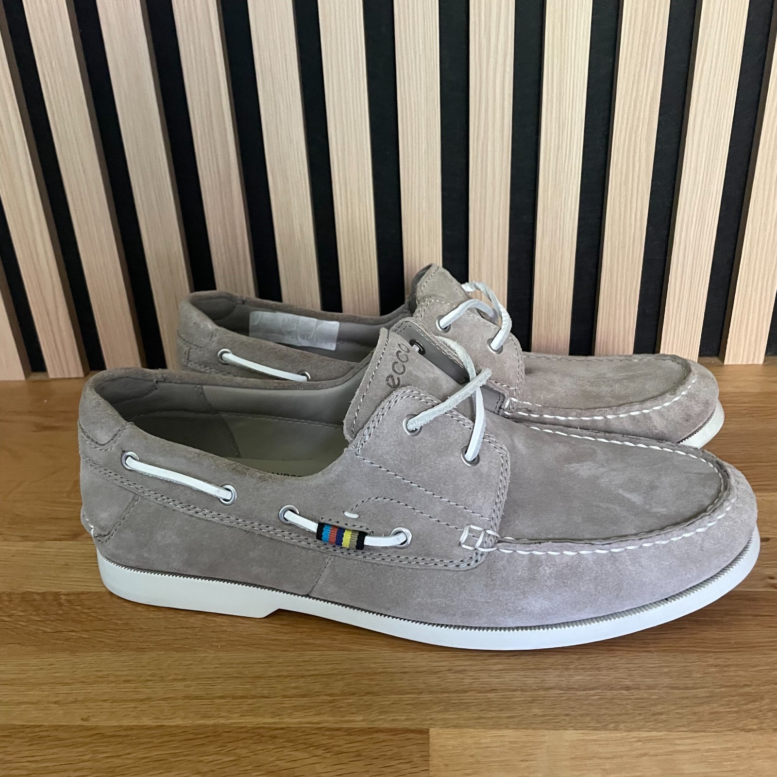 Ecco Men's Suede Boat Shoes EU46 UK12 Taupe Beige Deck Shoes RRP £100 VGC image 6