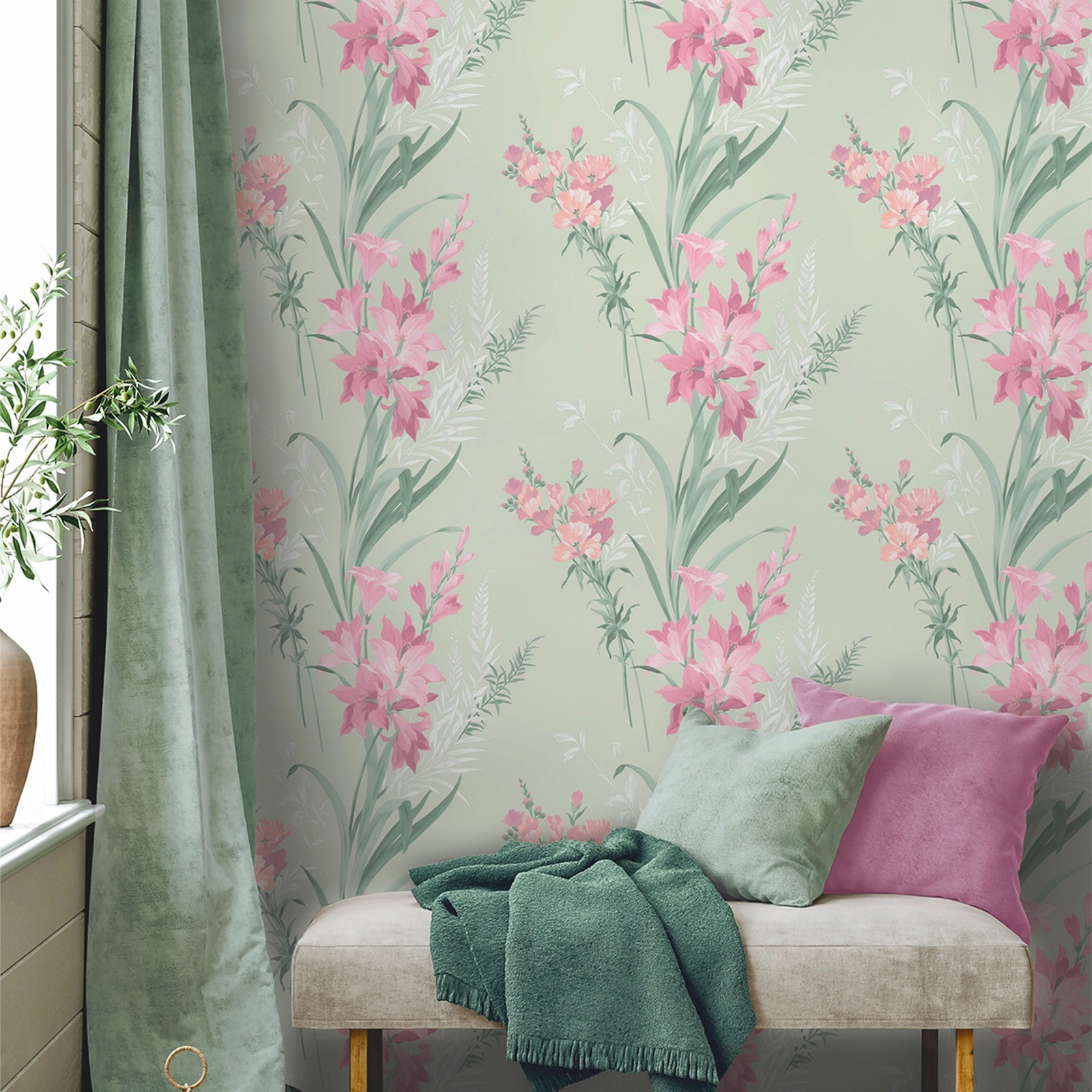 Sage Green Floral Wallpaper Pink Tranquil Garden Landscapes Feature Wall Smooth