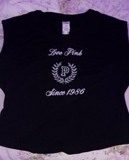 PINK Black Sleeveless Tank Top Crew Neck Embr...