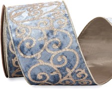 Dusty Blue Velvet Ribbon Wired with Glitter Swirl 4 Inch Christmas Ribbon for