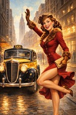 Pinup Sexy Woman Taxi Cab MODERN Vintage Post...