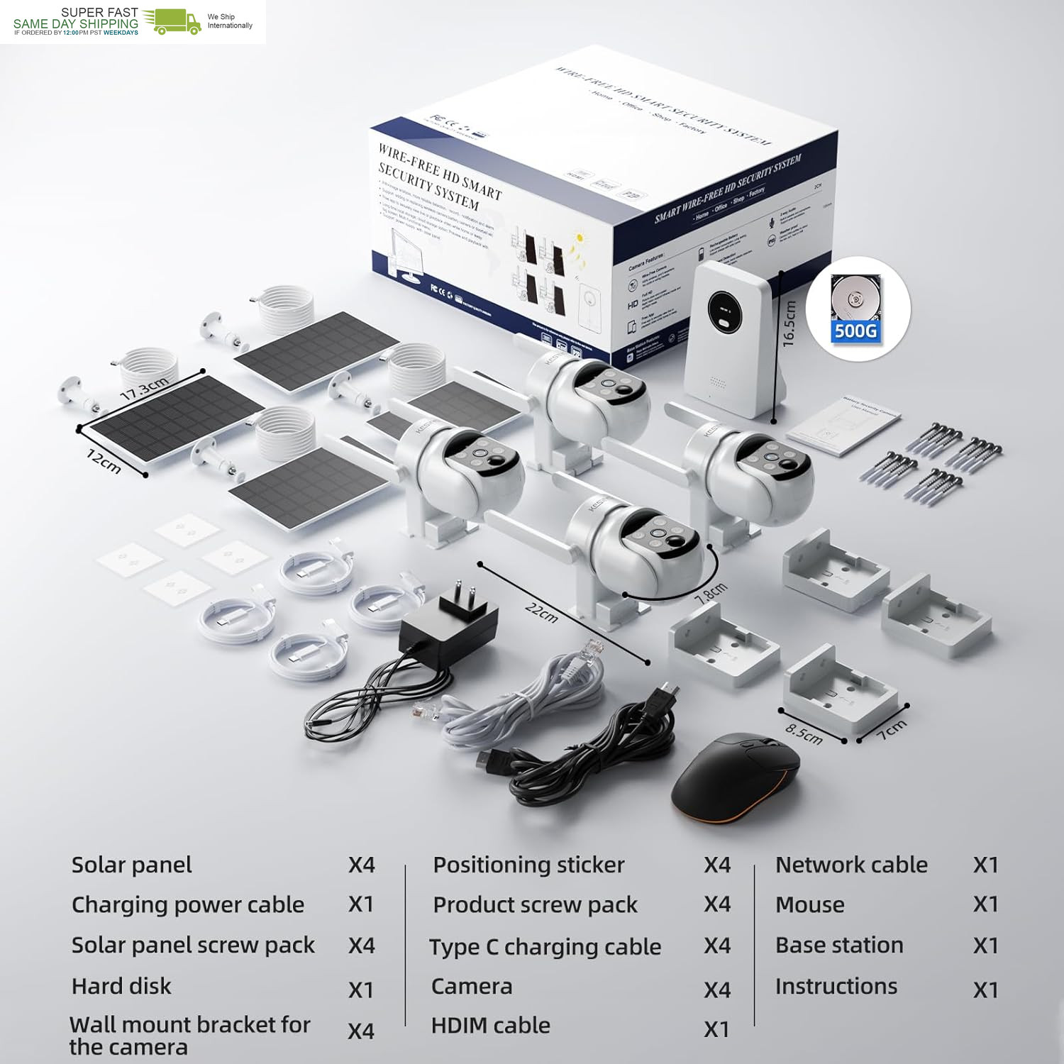 4MP Solar Powered, 4 Cam Kit, Color Night Vision, 360&deg; PTZ, 500G HDD Local Reco