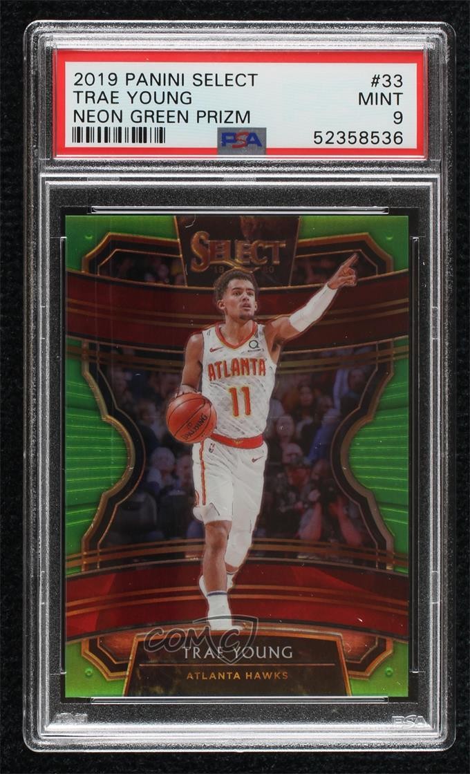 2019-20 Panini Select Concourse Neon Green Prizm 43/75 Trae Young PSA 9 MINT tw0