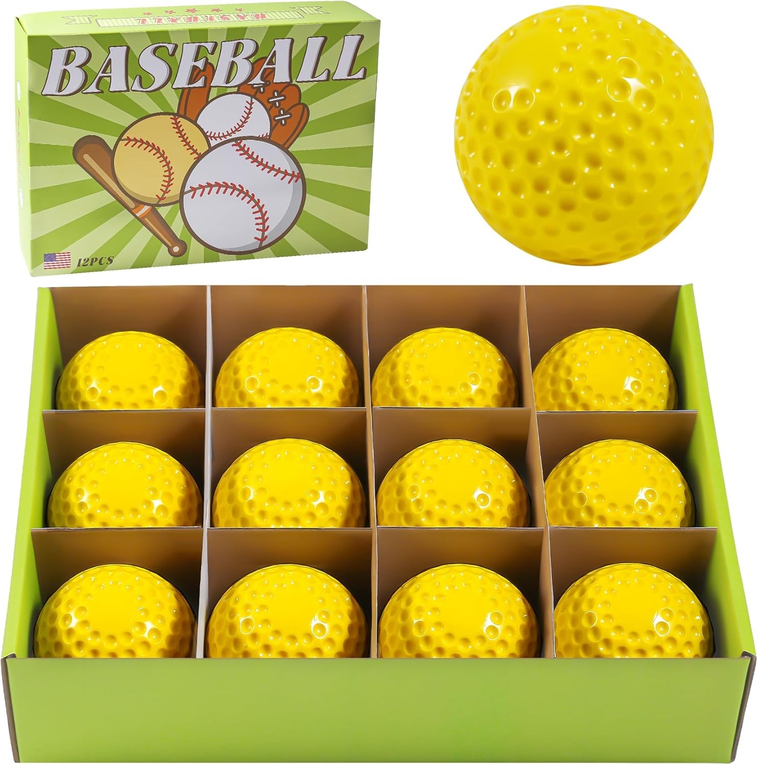 Yellow Dimpled Baseballs One Dozen Jugs Training Ball Pitching Machine 9 Inches