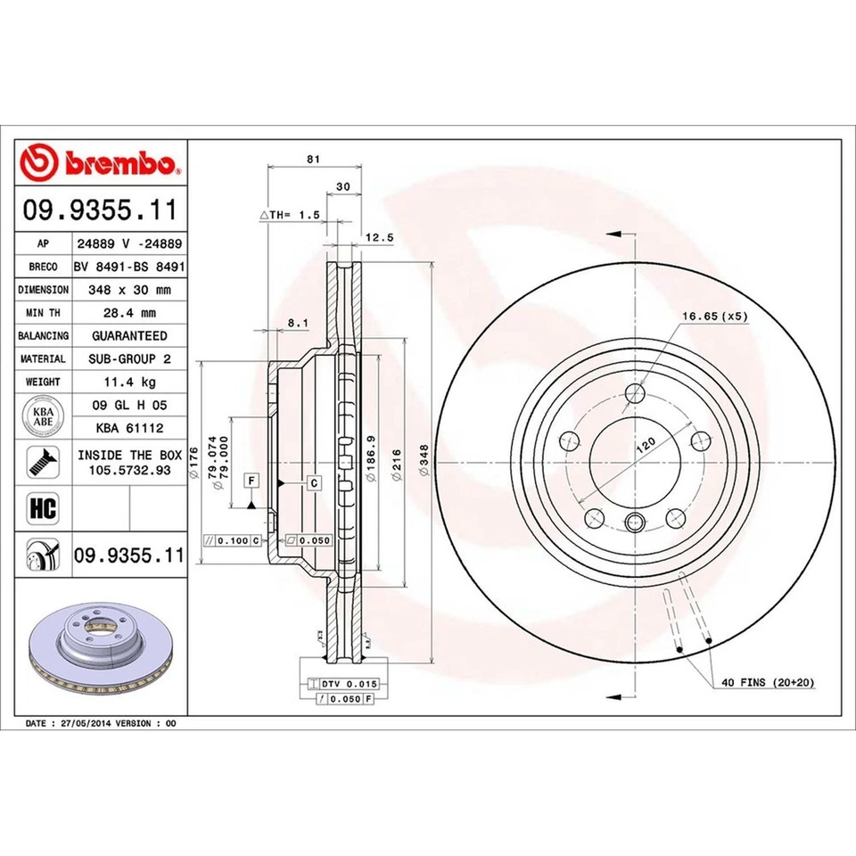 Rotor de freno de disco Brembo 09.9355.11 para 02-08 745i 745Li 750i 750Li 760i 760Li Foto 3 de 4